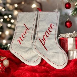 Peace‎ and Noel Christmas burlap stockings. Set of two.